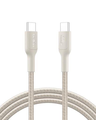 BelkinUSB-CtoUSB-C編組ナイロンケーブル超急速充電60WPD対応iPhone17/16/iPad/MacBook各種/Windows各種/Galaxy/PixelなどAndoroid各種2mサンドホワイト