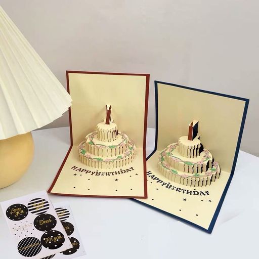 卡片 - グリーティングカード バースデーカード 2枚セット 誕生日カード 立体 3Dケーキ 封筒付き 誕生日 メッセージカード ポップアップカード 手作りギフト 両親 恋人 先生 子供 友達 (ブルーと…