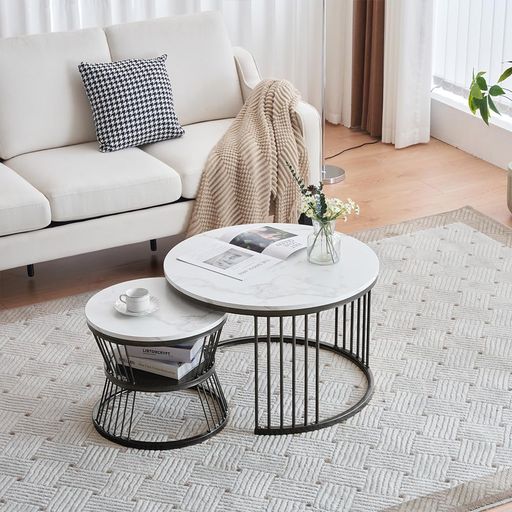 【ホワイト(ブラック脚)】OSJセンターテーブルテーブルローテーブル大理石調波紋収納付おしゃれ入れ子式円型丸型2個セット鏡面光沢感収納付組み合わせ自由(3)