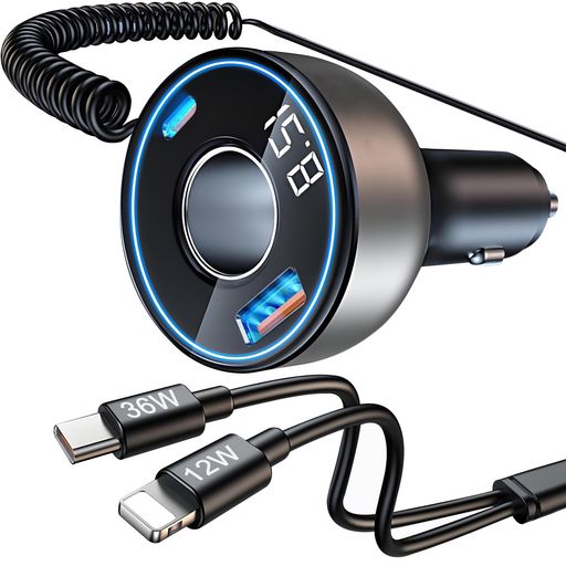 【5in1多機能】190WカーチャージャーシガーソケットUSBC車載充電器急速充電器【2連ポートコイルケーブル&ソケット増設】LED付オート電圧測定スマート識別12V/24V車用スマホ充電器iPhone17/Air/16/15