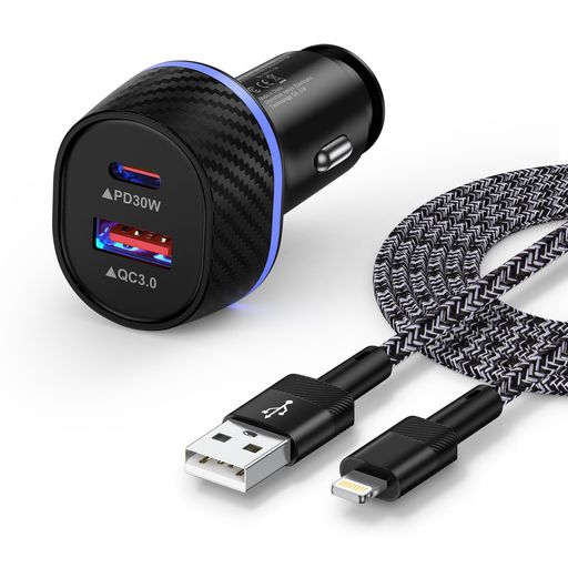 車載充電器48WシガーソケットUSB&USB-C2ポートカーチャージャー超小型車充電器【PD30W+QC3.0/急速充電】Type-Cしがーソケット12V/24V車対応タイプc2.4A充電ケーブル付き1.8m