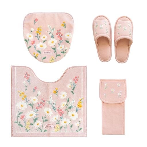 オカ(OKA)フルールブランレギュラートイレマット4点セット(トイレマット+フタカバー+ホルダーカーバー+スリッパ)ピンク(4点セット北欧洗える滑り止め洗浄暖房O型U型)