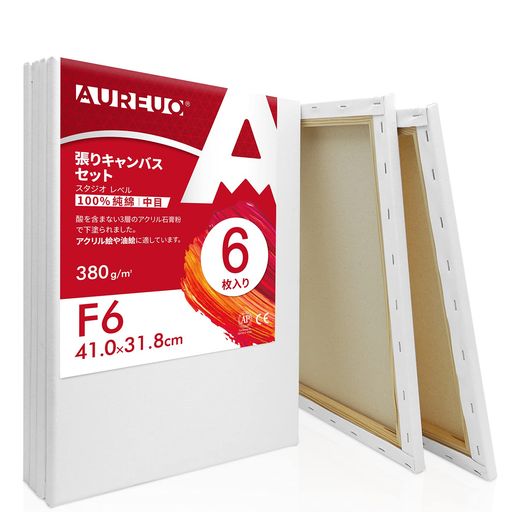 AUREUO張りキャンバスセットF6(41.0cmX31.8cm)中目100%コットン6枚初心者絵画用具芸術絵創作現代油絵美術装飾水彩画・油絵画・アクリル兼用