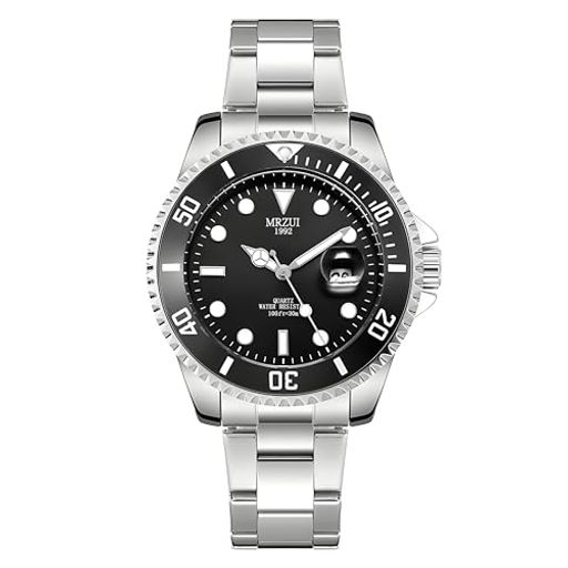 MRZUIステンレスバンドメンズウォッチ究極の定番サブマリーナデイト腕時計です防水日付人気うで時計クォーツ高級品男女兼用夜光文字盤(Black)