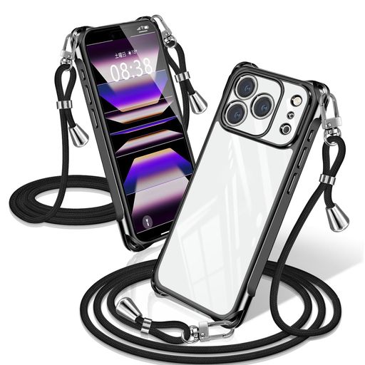 XIOYATYiPhone17Pro用のケースクリアショルダー耐衝撃アイフォン17Proカバーストラップ透明スマホケース電気メッキ加工肩がけ首掛け紐付き縄掛け斜めがけ調節可能なショルダーTPUスマホ(ブラ…