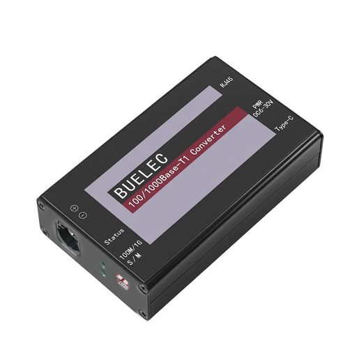 【HMTD 水平矢印 RJ45 ネイティブ ギガビット ブリッジ】BUELEC 100/1000Base-T1-TX-HMTD は、100/1000BASE-T1(車載シングルペアイーサネット)と 100/1000BASE-T(RJ45)とを直接変換します。T1 側は真の HMTD オス コネクター(E6S20A-40MT5-Z)のため、MATENET アダプター基板なしで車載 HMTD ハーネスへそのまま接続でき、接続箇所が減り、ベンチでも車両でも故障リスクを低減します。 【デュアル電源入力 — Type-C または 6~30V DC ジャック】V12 ハードウェアは、ノートPC/卓上用途向けの USB Type-C(5V プラスマイナス 0.5V、355mA 以下)か、6~30V のワイドレンジ DC バレル ジャックを受け付けます。同じコンバーターを 12V 車載バッテリー、24V 産業用系統、車両のシガーソケット、または付属の 12V 電源アダプターから動作させられます。1台であらゆる現場に対応します。
