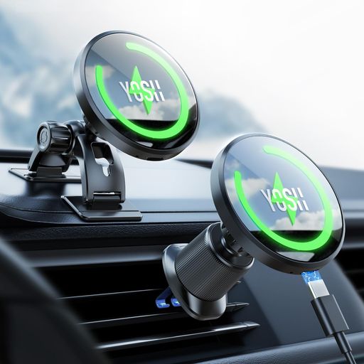 【2in1・自由取付】YOSH magsafe充電器 車載 15W急速充電 アップグレード:ダブル金属製フック&二ピースベース エアコン吹き出し口&ダッシュボード兼用 超強力な磁石搭載 スマホホルダー 車 ワ…