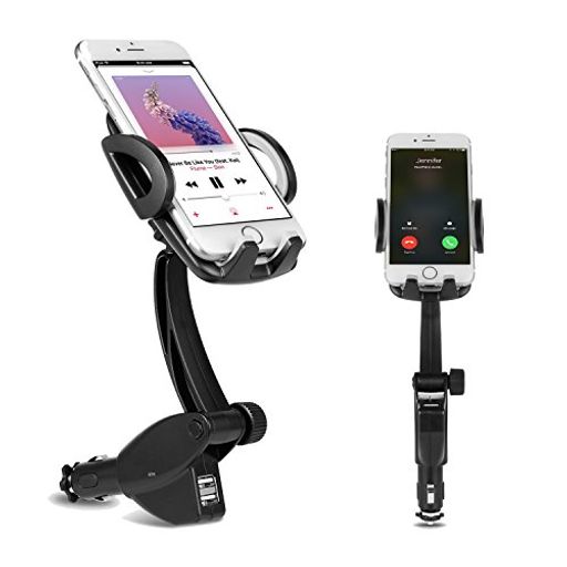 DELAM車載ホルダーオートホールド式シガーソケット付き携帯スタンドUSBポートx2スマホホルダー360度回転可能出力5V3AGPSスタンドiphone/SonyXperia/SamsungGalaxy/Huawei/ASUS