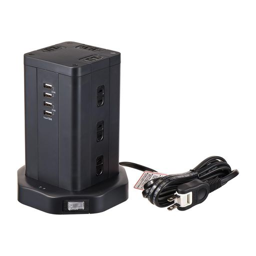 Folessan電源タップタワー延長コード2m12個ACコンセント4USBポート付OAタップテーブルタップ蛸足コンセント雷ガードオフィス/家庭給電用(ブラック)