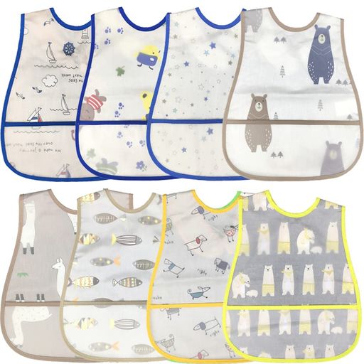 iWheat食事用エプロン防水よだれかけベビー子供スーパービブソフトスタイ離乳食エプロン子供食事用スタイサイズ調整可能汚いにくい袖なしポケット付き防水軽量名前入保育園用8枚男の…