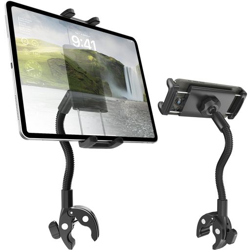 WUKANLENG 自転車用タブレットホルダー 24CM 調整アーム アルミニウム合金 エクササイズバイク タブレットスタンド ハンドルバー携帯電話ホルダー 落下防止 360度回転 定置式自転車 トレッドミル ハンドルバー ポール 取付 日本語説明書付き