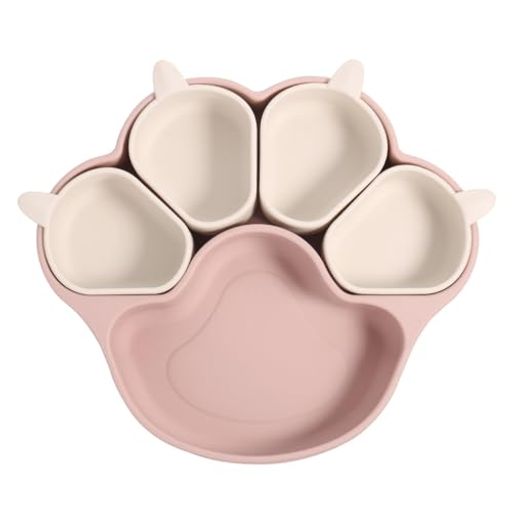 ベビープレート 猫の爪皿 シリコン吸盤食器 取り外し可能なプレート 子供用フードトレイ ベビー食事プレート 3~6歳以上の子供に適しています (濃いピンク色+小皿4枚)