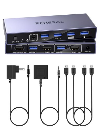 HDMIKVMスイッチ1台ディスプレイ2台のコンピュータ、8K@60HzKVMスイッチ、4つのUSB3.0ポートを備え、デスクトップコントローラ、2本のUSBケーブル、電源アダプタを含む2台のコンピュータでキ…