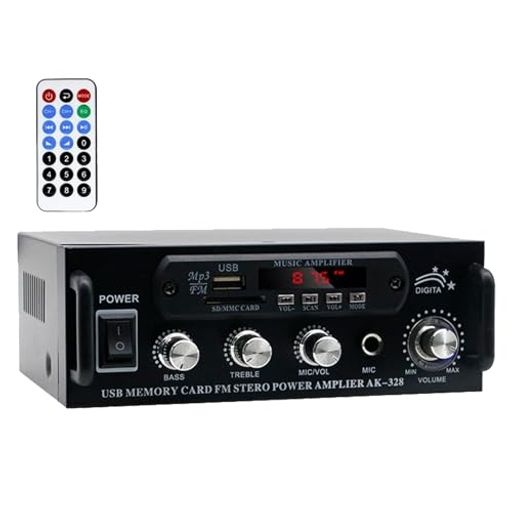 【HIFIパワーアンプ】弊社のカラオケアンプは高性能チップを採用することで、まるでCD音源を再生しているような高音質サウンドを実現します!メインボリューム、トゥイーター、およびベースはすべてアナログコンポーネントによって規制されており、音楽の性質をより忠実に復元し、実際の音楽を聴いて、本当のHIFIサウンドエフェクトを提供できます。家庭用も車載用も最適です。 【Bluetoothオーディオサウンドアンプ ・交換性抜群】このオーディオパワーアンプはBluetooth対応できるワイヤレス車載用、家庭用ステレオレシーバーです。ブルートゥース機能を備えるので、スマートフォン、タブレット、ラップトップなどブルートゥースデバイスに簡単に接続できて、とっても便利なアイテムです。また、USB/SDインタフェースを搭載し、プラグアンドプレイで、高品質の音楽を自由に楽しむことができます。 【デジタル ステレオ オーディオ アンプ】スピーカーの音声増幅デバイスには、オーディオソースとセレクター用のくっきりしたボタン、イコライゼーション用のロータリーノブ、マスターボリューム調整があります。