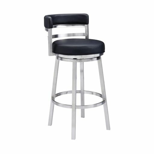 Stand Chairs - アルメンリビング(ArmenLiving)マドリード(Madrid)回転式バースツールブラックフェイクレザー/ブラッシュドステンレススチールハイチェア66cmモダンスタイリッシュレザー調おしゃれミニマル…