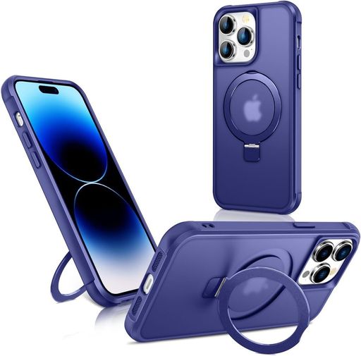360スタンドiPhone14ProMaxケースMagSafe対応マグネット搭載半透明アイフォン14プロマックススマホカバー隠しリンク付き360°回転スタンドストラップホール付きカメラ保護カバー耐衝撃軽量薄型