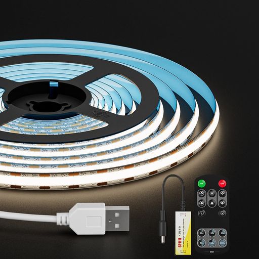 「超明るい」 DC5V 320LEDs/m 1M 8mm 4000K 昼白色。5V COB LEDテープライトが卓越した照明効果を実現!従来のSMD LEDテープライトとは異なり、COB LEDテープライトはほぼ暗点がなく、180度のビーム角でより広範囲な照明を提供します。プロ仕様のデザインで、設置プロジェクトの品質を向上させます! 「高品質」二重構造の純銅PCB基板設計により、FCOB LEDテープライトに優れた信頼性と安定性を提供するだけでなく、放熱効果を大幅に向上!90以上の高い演色性指数(CRI)が空間によりリアルな色彩表現を実現。FCOB LEDテープライトは安定した性能で65,000時間以上の寿命を提供し、あらゆるニーズにお応えします! 「調光可能」RFリモコンと内蔵10段階調光機能を搭載し、任意の角度からテープライトの明るさを制御できます。コントローラーのボタン操作でも明るさを調節可能です。コントローラーはメモリー機能を備え、電源が切れても元の明るさに復帰します。 「タイマー&amp;グループ制御」内蔵3タイマー(30分/60分/90分)で設定時間後に自動消灯。
