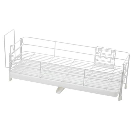 製品サイズ:(約)幅22.5~35x奥行57x高さ18cm、耐荷重(約):各水切りカゴ5kg 製品重量:(約)1.83kg 材料の種類:本体・水切りポケット・まな板受け/鉄(エポキシ樹脂塗装)、トレー・ノズル/ポリプロピレン(耐熱温度100度)、保護キャップ・排水栓/シリコーンゴム(耐熱温度150度) 生産国:中国