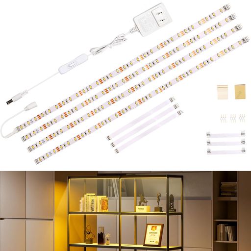 ✅【オススメ用途】本体は超薄型間接照明LEDライトなので、隅や狭い場所でも使用できます。ベッドサイド、納戸、物置、本棚、収納、ガレージ、キッチン、クローゼット、キャビネット、棚下、ショーケース、フィギュア棚、店舗用、商品棚などの場所に設置をオススメ! ✅【高輝度・高演色性間接照明】:3000k電球色、全光束1100ルーメン、明るいledテープライト、基板に高演色SMD2835チップ120LEDsを採用され、正面発光の設計、十分に明るく発光し、高演Ra90+ led バーライト、物事の色を忠実出来ます。 ✅【設置簡単・自由にDIY】:両面テープ、貼付け式LEDストリップライト、電気工事不要、簡単に貼り付けます、壁を傷をつけません。0.5m*4本柔らかいledキャビネットライトなので、設置場所に合わせて自由にDIY組み合わせできます。 ✅【低消費電力・省エネ】高質量な2835チップを採用しっており、十分な明るさと抜群の節電効果があります。消費電力はただ12W、1日8時間点灯で電気代が2.5円となります。一般照明より省エネ、節電効果が良いです。