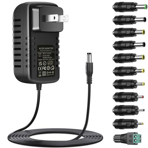 [製品仕様]入力:100-240VAC 50-60Hz 出力:DC24V~2A 48W最大「消費電力0~48WのDC24Vデバイスに対応」 DCプラグ外径:5.5mmφ/DCプラグ内径:2.1mmφ「11変換ジャック付き:6.3*3.0mm,/6.0*4.4mm/5.5*3.0mm/5.5*2.5mm/5.5*1.7mm/4.8*1.7mm/4.0*1.7mm/3.5*1.35mm/3.0*1.1mm/2.5*0.7mm/配線コネクター」 極性: センタープラス+ 「必ずデバイスの極性と同じ」。 [幅広い互換性]本体の5.5x2.1mmのDCプラグのほか、11種類の変換ジャックも付き、LED ライト・ビデオ・監視カメラ・オーディオなどDC24V(0〜2000mA)規格の製品には給電用電源としてご利用させていただけます。「買う前にご対応するデバイスのDCプラグ口のサイズと極性を必ずチェックしてください、電源アダプターのDCプラグにぴったりすることを保証しなければなりません」。 [安全性&amp;耐久性]過圧保護、過熱保護、過流保護、回路短絡保護、サージ保護などを搭載し、ファンがなくて安心にご利用下さい。