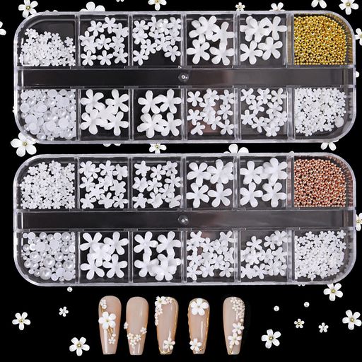 【花ネイルパーツ】ホワイトカラーの花、半円パールや2色のブリオンが入ったネイルパーツセット!フラワーの真ん中にブリオンを乗せると、可愛い3d花パーツが完成!白い花はどんなパーツ、カラーとも相性抜群です。 【素材】お花パーツと半円パールは樹脂素材で作られます。光沢があり、ネイルのアクセントにおしゃれです。花のサイズは豊富なので、 爪の大きさに合わせて選べます。これ一つで様々なデザインが楽しめます。 【ブリオンパーツ】金属製ブリオンは発色が綺麗です。ゴールドのブリオンとピンクゴールドのブリオンは花にのせて使ったり、単品で並んで形を作ったり、使い方が色々! 【多用途】春ネイル、夏ネイル、秋ネイル、冬ネイルに適しています。ネイルのワンポイントはもちろん、レジンクラフト、スマホカバーの飾り、アクセサリー制作など幅広くお使いいただけます。 【セット内容】ネイルパーツ2ボックス 使いたい分だけ取り出せる便利なケースが付いています。ケースのサイズ:13*4.9cm