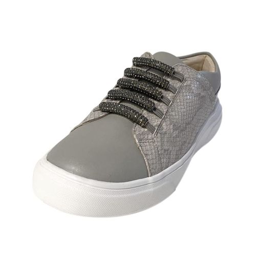 [ErdBeere]エルドベーレラインストーンパイソンスニーカービジューキラキラシルバーボリュームソール厚底ゆったりラクチングレーS22.5cm