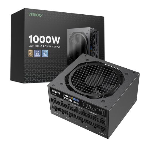 Vetroo 1000W電源ATX 3.0 ReadyダブルPCIe 5.0, 80 Plus Goldフルモジュラー、コンパクトサイズ、日本105°Cコンデンサ、エコモード120mm FDBファン、10年保証、ゲームPCなどに対応 (Black)