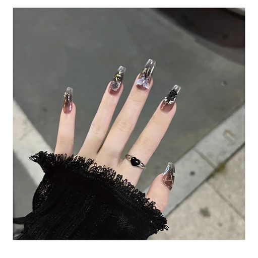 Sheepyoネイルチップロング黒地雷系かっこいい手作り付け爪つけ爪おしゃれ人気可愛い長め韓国かわいい(..