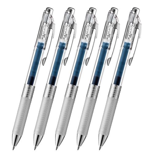 【特長】スッと書けてサッと乾く ゲルインキボールペン 【1本あたりサイズ/重さ】幅 16 x奥行 11mm x 長さ 147mm/13g 【インキ色】ブルーブラック 【芯径】0.7mm【本数】5本 【材質】後軸・頭冠=再生PC ノック・前軸=ABS樹脂メッキ グリップ=エラストマー クリップ=鉄