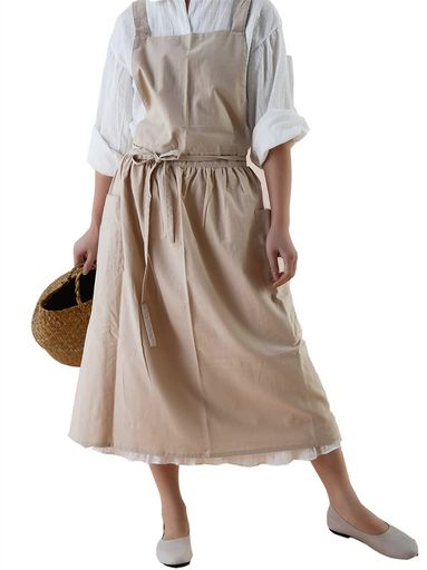 [Achsoo]エプロンレディースキッチンカフェ料理店綿ロング丈おしゃれ女性北欧風オシャレエプロン無地薄手りが隠れるポケット付き(オフホワイトB)