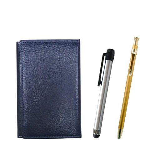日本製のシボ牛革名刺入れと日本製スマートフォン用タッチペンとボールペンのセット。名刺入れは名刺を40枚以上収納可能。カード類の収納にも便利。 名刺入れ(シボ青)材質:外側牛革、内側布貼りサイズ:111mmx75mmx10mm タッチペン(銀)材質:アルミサイズ:全長101mmx軸径8mm ペン材質:アルミサイズ:全長121mmx軸径6mm