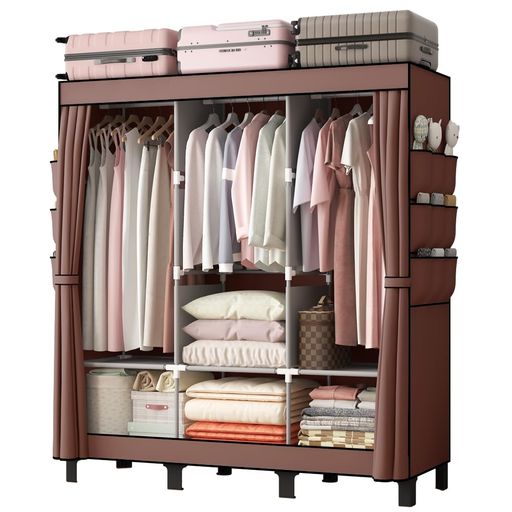 Wardrobe - PSHUNRIGH簡易ポータブル組立クローゼット防湿・防塵・防カビの不織布クローゼット寮寝室服収納キャビネット多層収納整理キャビネット、簡易ワードローブ.(ダークブラウン130cm幅)