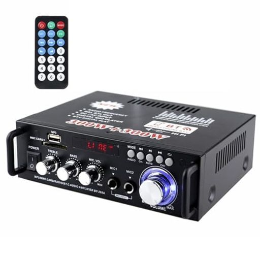 【HIFIパワーアンプ】カラオケアンプは高性能チップを採用することで、まるでCD音源を再生しているような高音質サウンドを実現します!メインボリューム、トゥイーター、およびベースはすべてアナログコンポーネントによって規制されており、音楽の性質をより忠実に復元し、実際の音楽を聴いて、本当のHIFIサウンドエフェクトを提供できます。家庭用も車載用も最適です。 【Bluetoothオーディオサウンドアンプ ・交換性抜群】このパワーホームアンプはBluetooth対応できるワイヤレス車載用、家庭用ステレオレシーバーです。ブルートゥース機能を備えるので、スマートフォン、タブレット、ラップトップ、などブルートゥースデバイスに簡単に接続できて、とっても便利なアイテムです。また、USBインタフェースを搭載し、プラグアンドプレイで、高品質の音楽を自由に楽しむことができます。 【リモコン付き・デュアルマイク入力】全機能の赤外線リモートコントロールにより、その機能を簡単に操作できます。配備される2つのマイクで音楽再生しながらカラオケ等にも使えます。マイクが足りない心配はありません。友達と一緒に思う存分楽しく過ごすことができます。