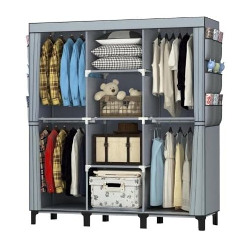 簡易クローゼット 布製ワードローブ グレー 130x45x172cm 4エリアハンガー掛け 中間棚備付 サイド18ポケット スチールフレーム 防塵不織布カバー 組立簡単 省スペース 衣類・布団整理 一人暮…