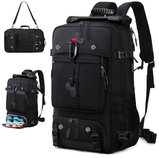 【ロールトップ80L:ブラック】53 x 35 x 23CM。ショルダー・ハンドキャリー・リュックと3通りのスタイルチェンジが可能で、出張・通学・旅行などあらゆるシチュエーションに柔軟に対応する万能バックパックです。 【多層ポケット、靴袋乾湿分離】大切な物品を一目で確認・3秒で取り出せます。手間のかかる探す時間を一切なくしました。資料、ノートパソコン、水筒、傘、財布などを簡単かつ安全に整理するための多機能なコンパートメント、メッシュポケット、ジッパーポケット、隠しポケットも備えています。防水シート仕様なので、靴やお弁当、濡れた傘、服などを分けて収納できます。特に梅雨に最も効果的! 【人間工学】人間工学に基づいて設計されており、3D構造の背負い心地設計により、荷物の重量を肩・背骨・腰に均等分散。 肩ベルトの幅を標準比20%拡大、長時間使用でも圧迫感0。ノートPC対応の保護ポケット+背面ポケットを配置し、ストレスフリーの多機能活用を実現 【負担を軽減】衝撃吸収緩衝材入りの肉厚ベルトと通気性スポンジ素材を採用し、背負い心地を最適化。