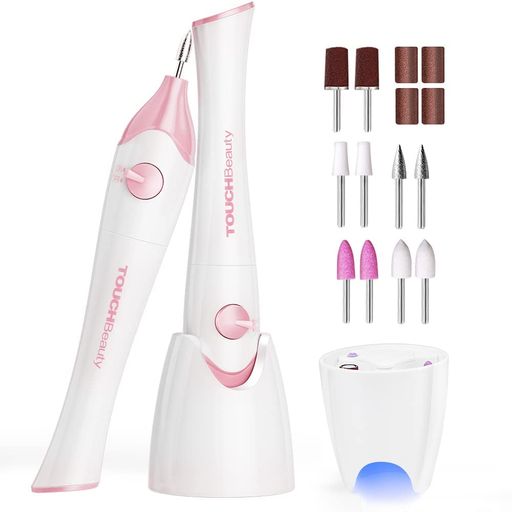 【多機能ネイルケアセット】TouchBeautyのネイルマシンは5種類のヘッド付き。ネイルケアに必要なほとんどの研削、研磨や掘削で簡単的にマニキュア、ゲル爪、アクリル爪、人工爪を除去するばかりでなく、フットケア、爪の研磨、曲げの処理などネイルケア場合にも大活躍です。さらに、UVライト搭載で、爪の各面を均一に乾燥かつ照射するに役立ちます。テクニックいらずでムラなく均一に削ることができるので、DIYネイルをいつでも自宅で楽しめます。 【低騒音で操作便利】電動ネイルマシンの音の大きさは平均45dBと静かで、キーンとした機械音を一切感じないので、長時間の使用でも耳が疲れにくいです。ワンボダン操作で爪やすりができるため、わざわざネイルショップまで必要はなく、初心者や女性に操作しやさしいネイルセットです。ミニUVライト機能付きで、ネイルドライヤーとしても使用できます。 【円錐型の設計&amp;安全な回転速度】円錐型は角があるため溝に簡単にムラなく、均一に素早く削れる。甘皮処理も肌負担なくスムーズです。電池式稼働で、回転速度は1分間に9500回転。安全を考慮した回転数を採用しており、初心者でも安心に使用可能です。