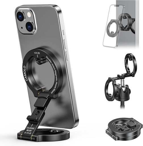 デュアルマグネット電話ホルダーiPhone1615141312ProMaxPlusシリーズ対応1/4インチネジ三脚マウントジム用マグネット電話スタンド旅行用スマホホルダー車車載ホルダー(ブラック)