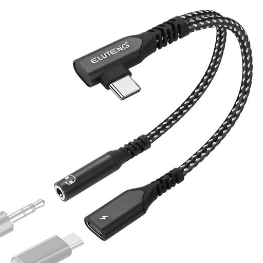 ELUTENG タイプC イヤホン変換アダプター L字型 PD60W急速充電 2in1 USB C イヤホンジャック 20cm 高耐久 音声通話 音量調整 Type-C オーディオアダプタ 3.5mm ゲーム・動画・会議 iPhone