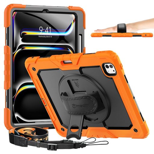 TimecityiPadPro13インチケース2024新モデル三層保護耐衝撃360°スタンド画面フィルムペン収納付きPencil対応横置き縦置きバンド&ショルダーストラップ肩掛け首掛け現場防塵傷防止タイピング