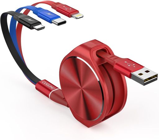 3IN1充電ケーブル巻き取り式3イン1充電コード135CM3A急速充電対応超高耐久USBTYPECケーブルMICROUSBケーブルPHONEANDROIDタイプCIPHONE各種対応(レッド)