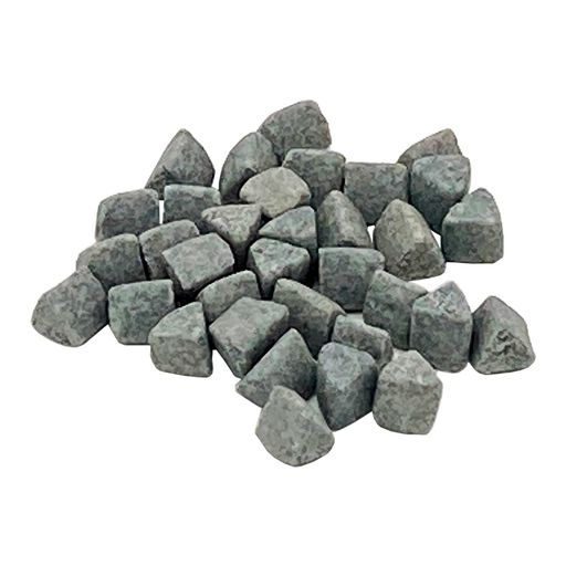 特徴:荒研削用の鋭い砥粒と粘土質を混ぜ合わせたものを成型した研磨石 用途:主に金属の重研磨用 適合装置:回転バレル研磨機、振動バレル研磨機、渦流バレル研磨機、遠心バレル研磨機(いずれも湿式研磨にて) 形状:三角柱形、寸法:4x4x4mm、色:青灰 成分:酸化アルミニウム、酸化チタン、二酸化ケイ素