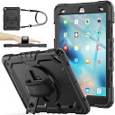 SEYMACSTOCKIPADAIR3/IPADPRO10.5インチケース耐衝撃保護フィルム付きペン収納360°回転スタンドハンドストラップショルダーストラップ全面保護カバー(ブラック)(2)