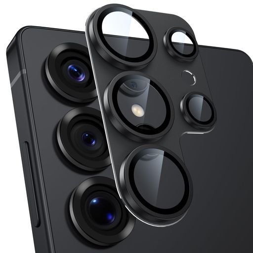 カメラフイルムGALAXYS25ULTRA用カメラ保護全面保護9H強化ガラスアルミ合金ギャラクシーS25ULTRAレンズカバー耐衝撃露出オーバー防止黒縁取り超高透過率プロテクターブラック