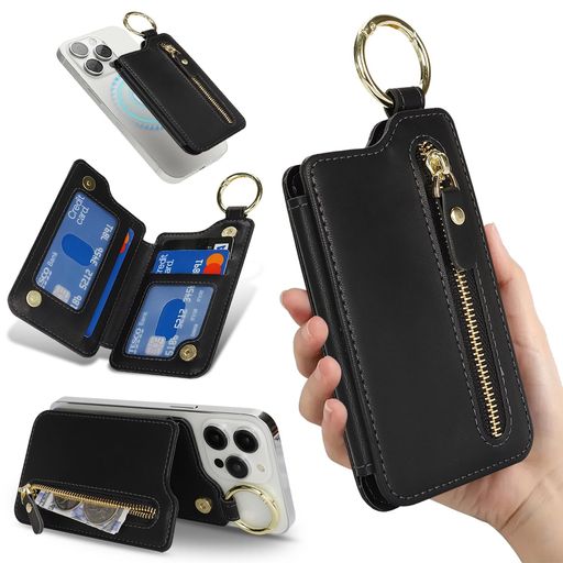 HAVAYAカードケースMAGSAFEカード入れスタンド機能ジッパー小銭入れリング付き3枚カード収納可能IPHONE16PROMAX/16PRO/16PLUS/16、IPHONE15/14/13/12シリーズ対応-ブラック