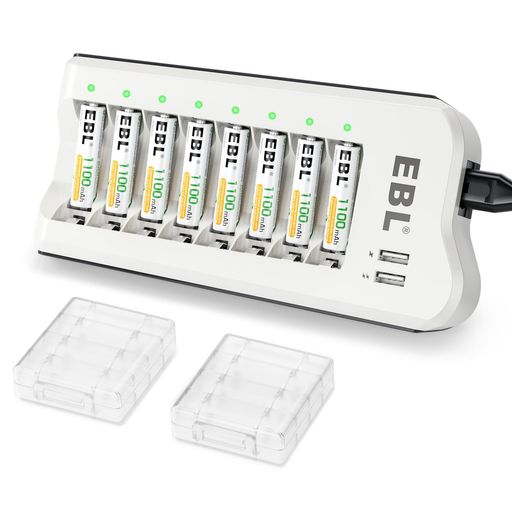 「セット仕様」:充電器入力:100-240V AC/0.3A (max)50HZ /60HZ 出力:単三:DC 1.2V 1000mA 単四:DC 1.2V 500mA USB出力:DC 5V 2A 充電池:単四ニッケル水素充電池 容量:1100mAh*8本入り 「対応タイプ&amp;ご注意点」この充電器は1-8本の単三/単四ニッケル・ニカド電池を独立で 充電することができます。8つのスロットは独立して動作し、充電池などの充電状態を表示され、一目で分かりやすいです。 「AC&amp;USBのダブル機能」ACで充電池を充電出来ます。それにUSBポートがあり、同時にスマートフォン、タブレット、カメラー、MP3、MP4などのような5V USBデバイスを充電することができます。 「繰り返し充電池」充電を繰り返し使っても劣化が少ないです。Hg/Cd/Pdなどの有害物を使わず、エコタイプの電池です。低自己放電技術により、3年間電池を放置していた場合でも75%の容量を維持できます。密閉型で液漏れ防止、低温でも寒い場所でも性能を発揮できます。 「安全&amp;安心」EBLは多年以来充電池と充電器に専念しております。