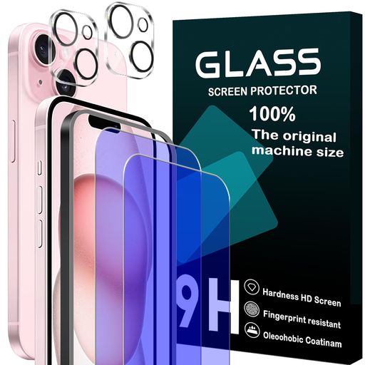 対応IPHONE15ガラスフイルムブルーライトカットガイド枠付き【2+2枚セット-国産旭硝子】IPHONE15フィルム2枚+レンズ保護フィルム2枚アイフォン15液晶保護フィルム強化ガラスブルーライト目…