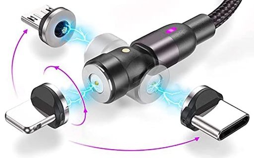 STATIK(スタティック)マグネット充電ケーブル-360度回転+180度540度の可動域取外し可能マグネット充電ケーブル全機種対応ナイロンケーブル3-IN-1マイクロUSB充電器タイプCUSB(1Mブラック)