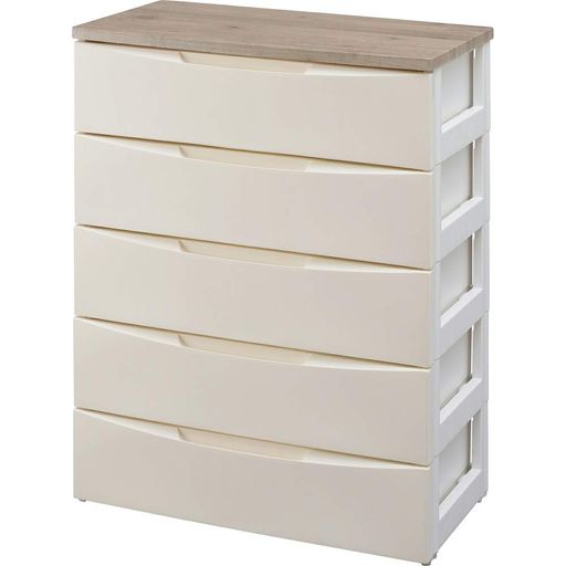 幅約73cmタイプ 【商品詳細】●サイズ(約):幅73x奥行42x高さ100cm ●重量:約14.5kg ●引出内寸(約):幅64.5x奥行36x高さ14.5cm ●耐荷重:天板約10kg、引き出し(1段あたり)約6kg 新生活応援! 【5段タイプ】衣類の収納にピッタリなチェスト型の収納ケース。組み立ていらずの完成品でお届け。 【おしゃれな木目調】美しい天然木のような天板とマットカラーの引き出しで、インテリアにも合わせやすい。 【引き出しスムーズ】 スライドレールだから、たくさん収納しても軽い力でラクラク開閉。開け閉めのストレスなし。 【たっぷり収納】深さがあるから、厚みのある衣類も沢山入れることができる。衣類が片付いてお部屋スッキリ。 【お手入れ簡単】プラスチック製の引き出しだから、汚れてもサッと拭き取れる。天板も丈夫で汚れに強い。 【使い方様々】衣類収納以外に、小物・日用品・おもちゃなどの整理整頓にも幅広く活躍。クローゼット・押入れ収納としても。
