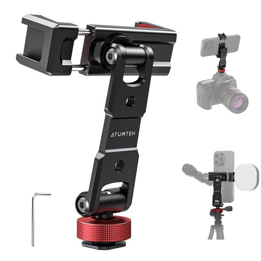 ATUMTEKアルミニウム製スマホホルダー三脚3つのコールドシューマウントと3つの1/4インチネジ穴付きスマートフォン用三脚アダプター超軽量ポータブル三脚スマホホルダー360度回転および180… ATUMTEKアルミニウム製スマホホルダー三脚3つのコールドシューマウントと3つの1/4インチネジ穴付きスマートフォン用三脚アダプター超軽量ポータブル三脚スマホホルダー360度回転および180…