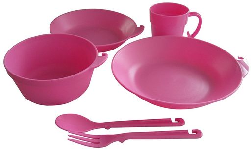 原産国:日本 セット内容:丸型ディッシュD-210、丸型ディッシュD-180、ボールV-138、マグカップ、スプーン&amp;フォーク、収納袋 総重量:約330g 材質:ポリプロピレン